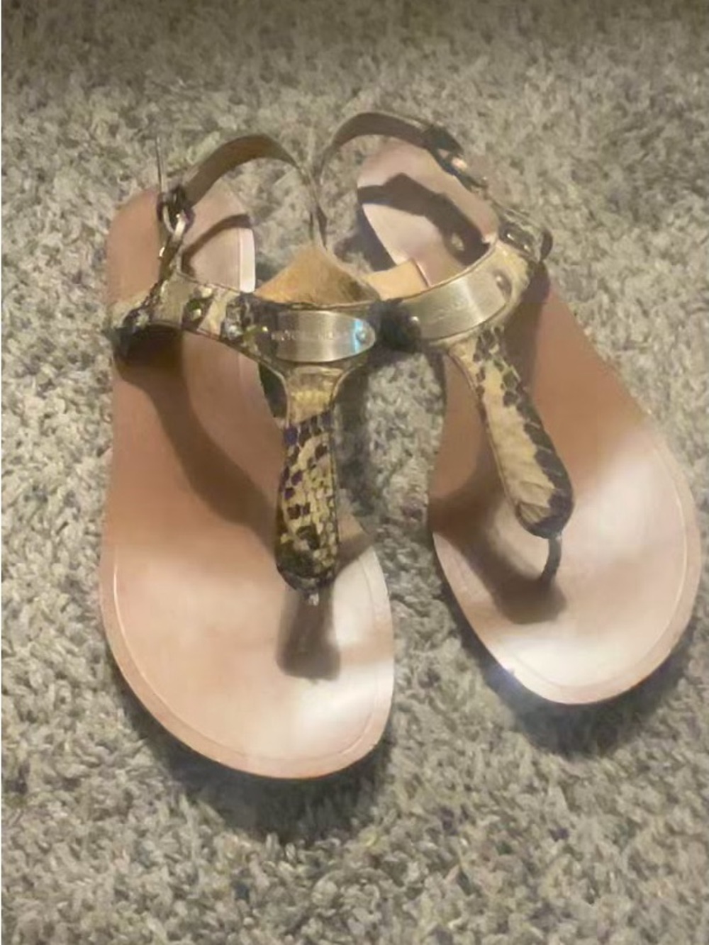 Michael Kors Gold Metallic & Tan Snake-Print T-Strap Sandals